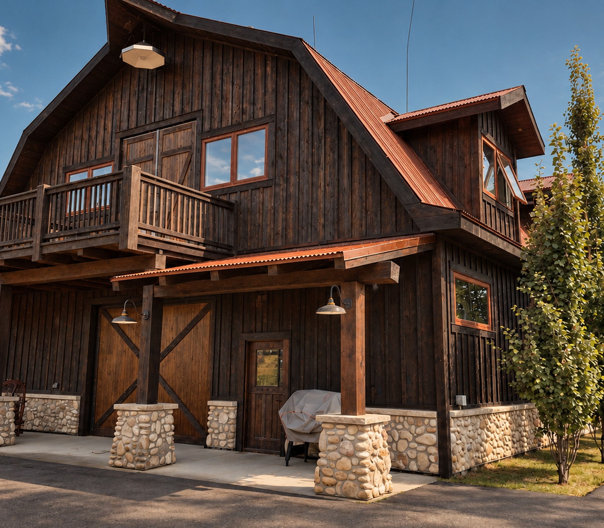 An existing ranch barn with stone-clad pillars along the drive, under a clear blue sky