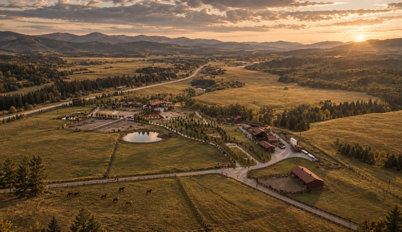 Aerial view of the ranch grounds at sunset, pond, corrals and horses grazing in the pasture