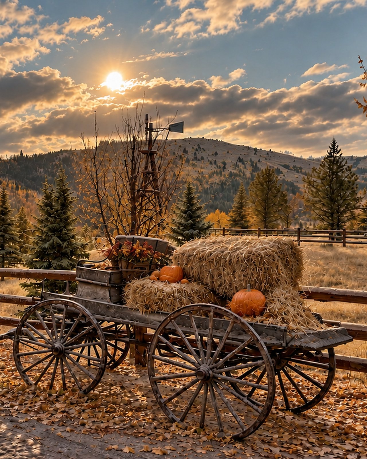 An antique hay wagon loaded with pumpkins and hay bales at the ranch fence line, golden autumn hills and mountains behind