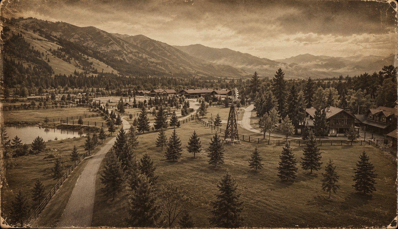Archival-toned aerial view of the ranch grounds, mountains along the horizon