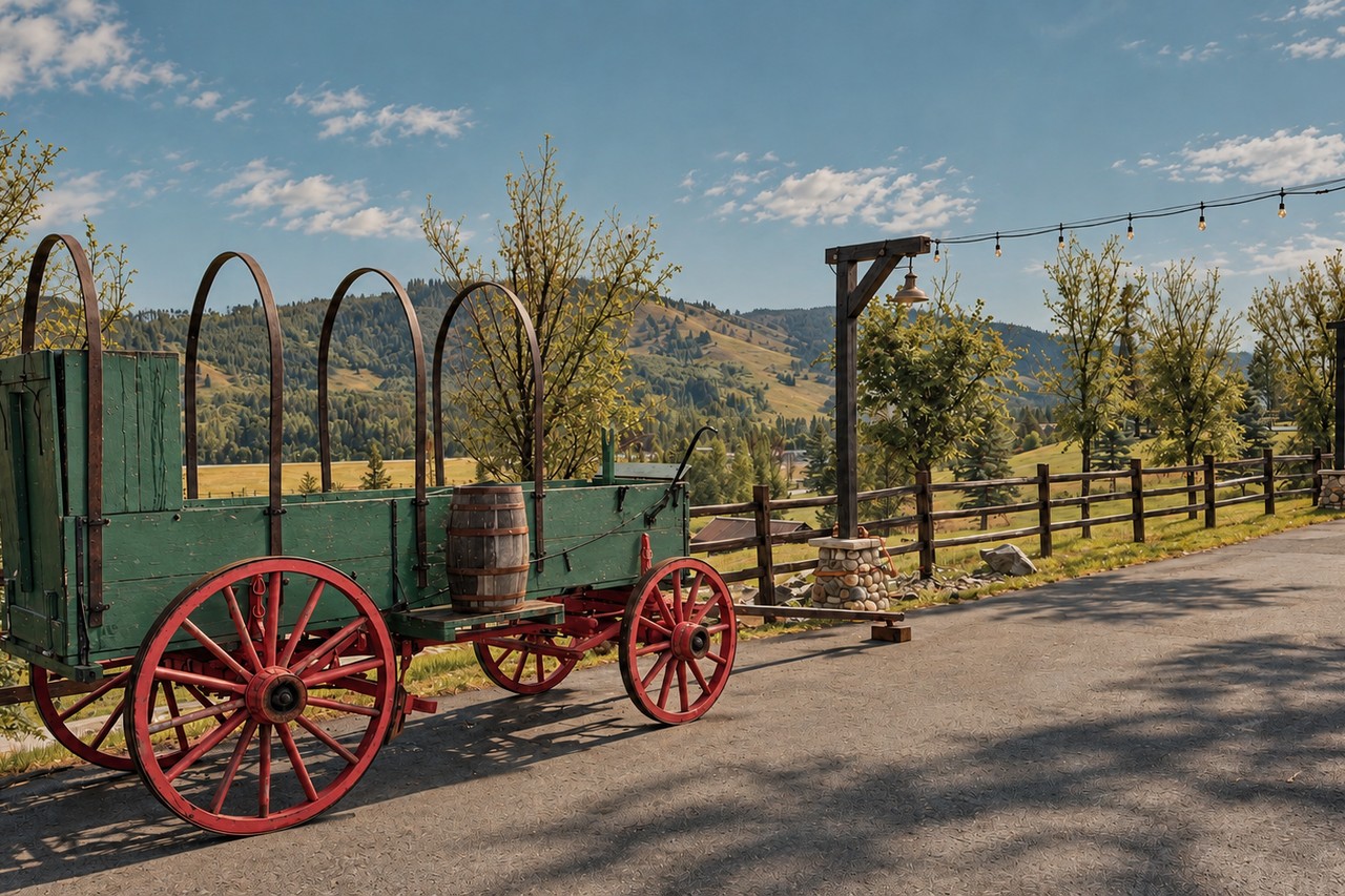 A weathered green farm wagon parked along the drive, foothills behind