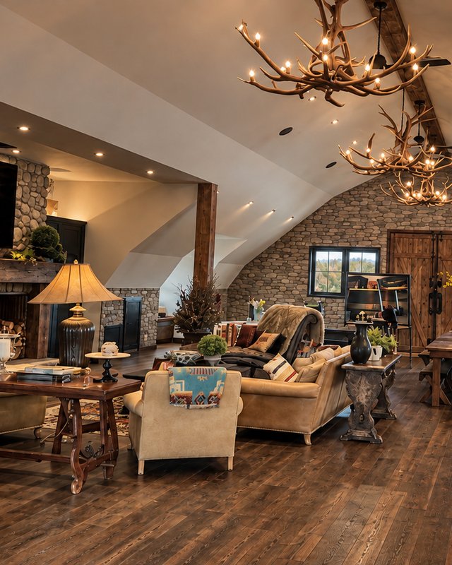 Vaulted loft lounge with double antler chandeliers, a stone fireplace, and leather lounge seating