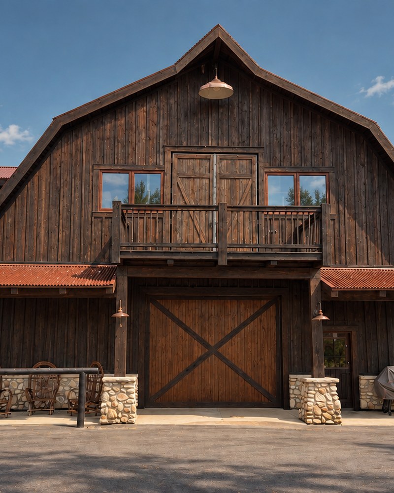 Front elevation of the Big Barn with covered upper-floor balcony and barn doors