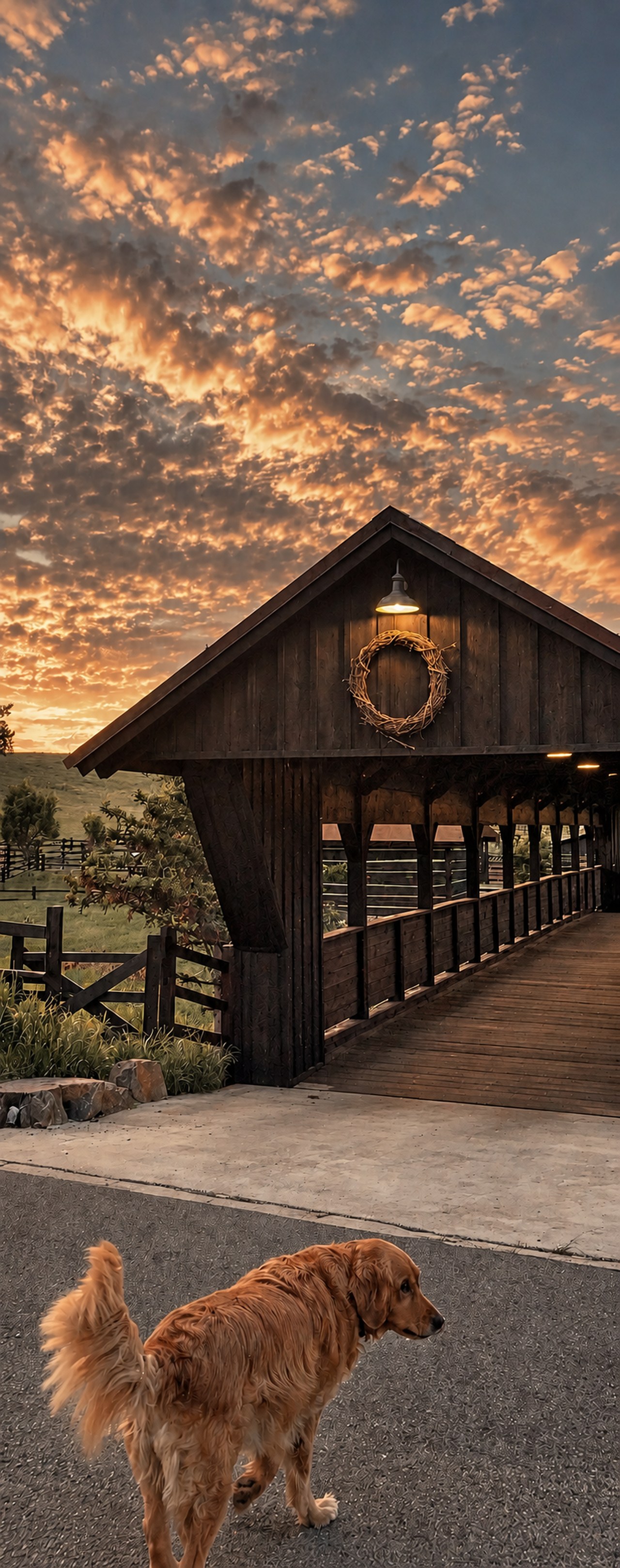The covered timber bridge at the ranch, lit by an orange sunset sky