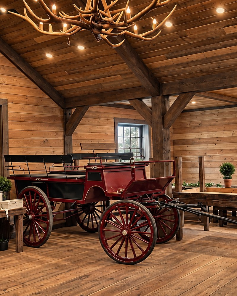Milk Barn interior with an antique red wagon, timber beams, and an antler chandelier