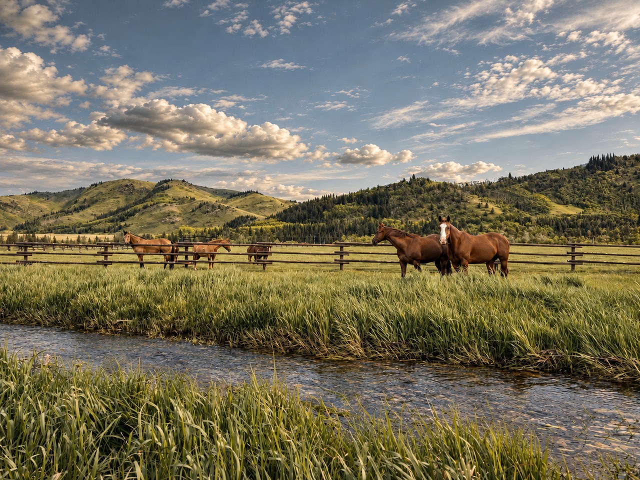 Horses grazing beside the creek on the ranch river flats, foothills behind