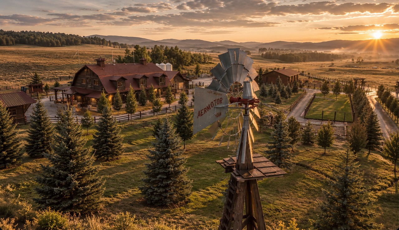 The ranch lodge and grounds at sunrise, a vintage Aermotor windmill in the foreground