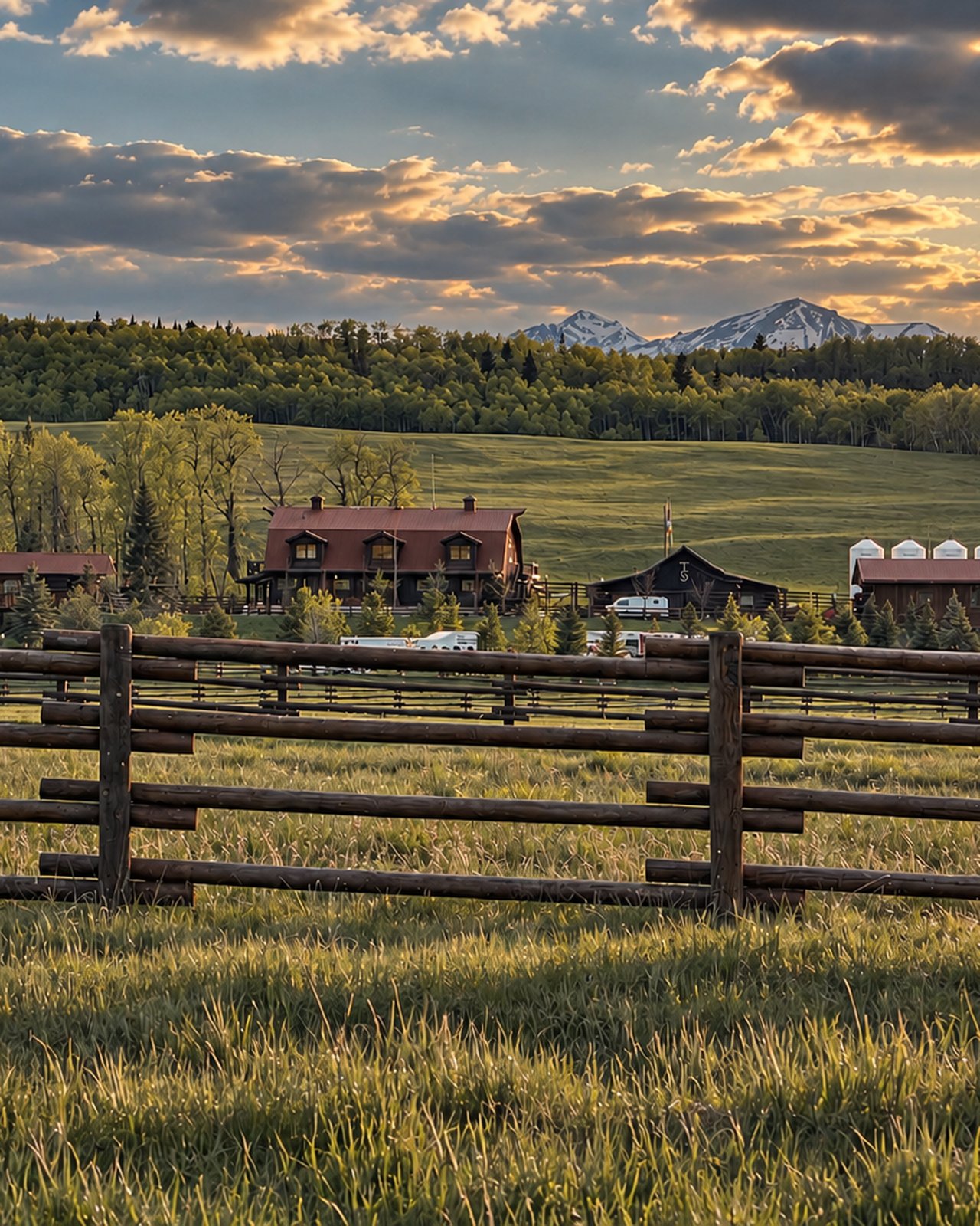 The Stampede Ranch buildings at sunset, rolling green pasture and snow-capped Rockies behind