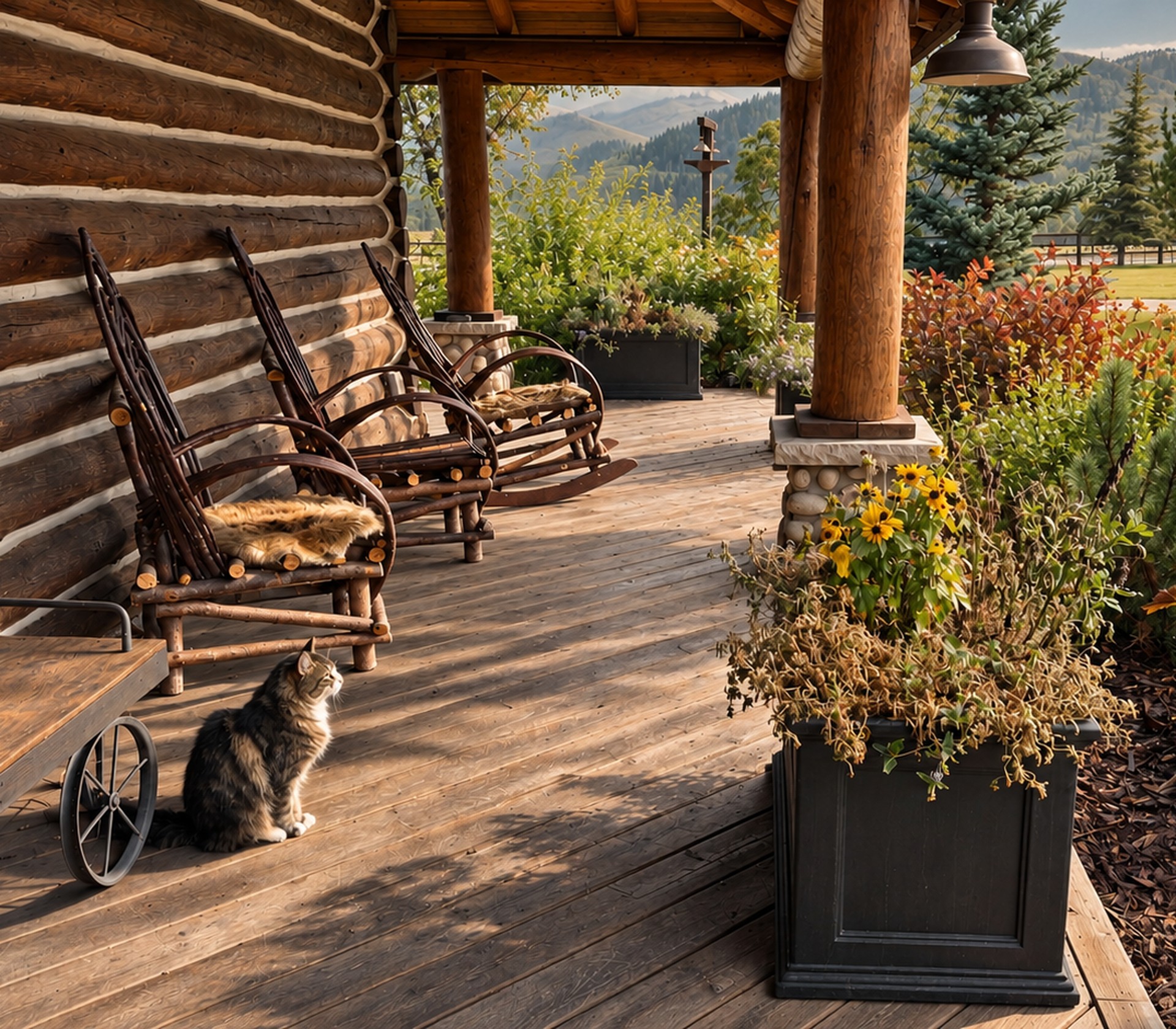 A ranch cat resting on a covered porch lined with rustic rocking chairs