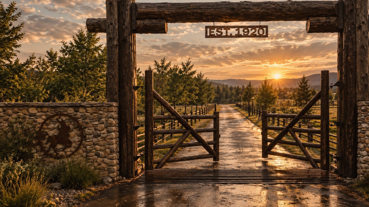 The ranch's timber entry gate at sunset, EST. 1920 sign overhead, the drive leading in