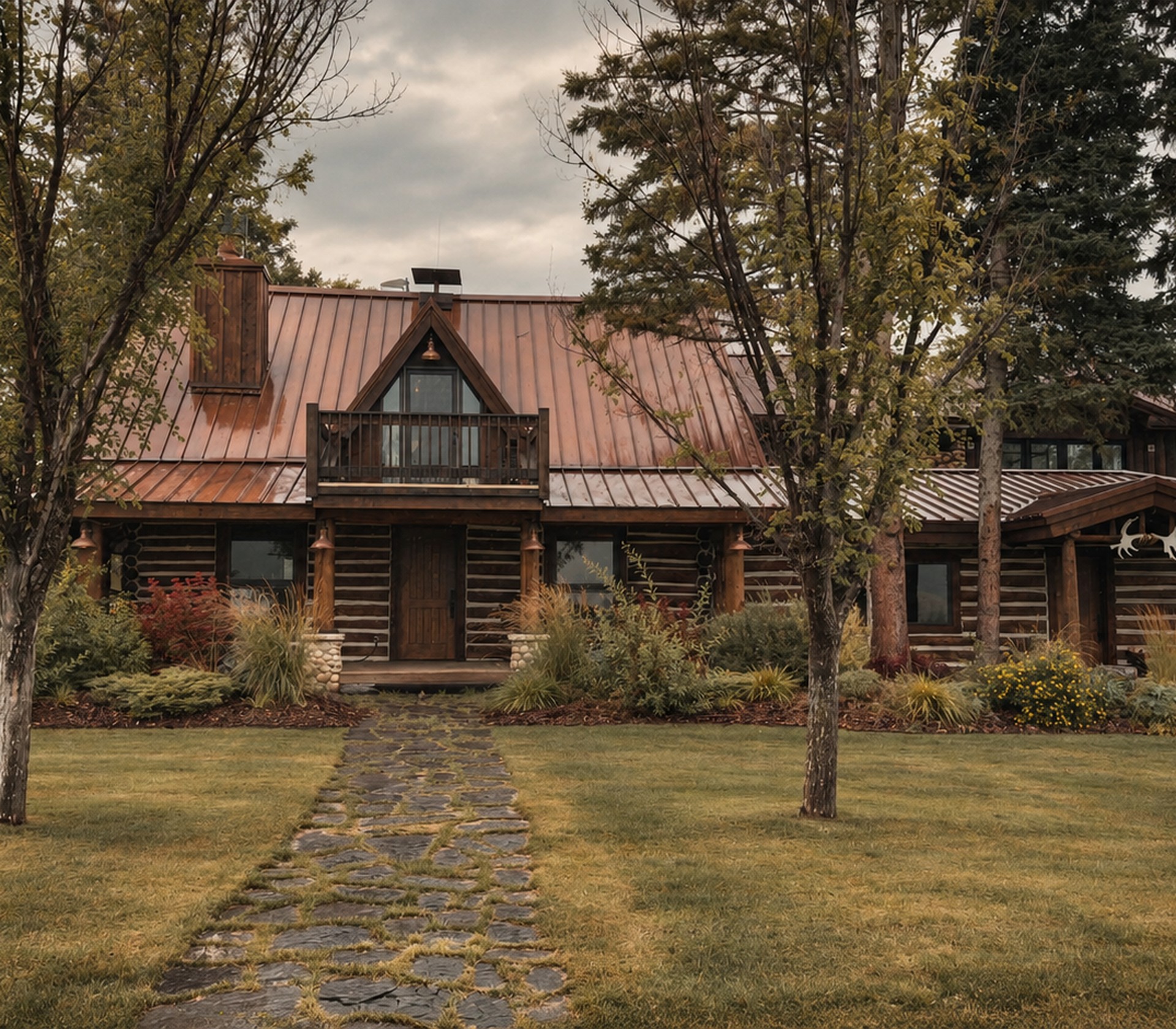 A stone pathway leading to the ranch house entrance, framed by mature trees