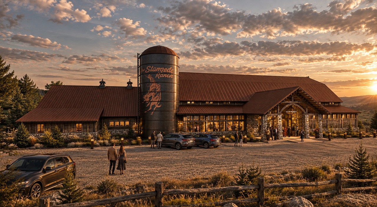 Architectural rendering of guests arriving at the new Event Venue, silo and stone entry beyond