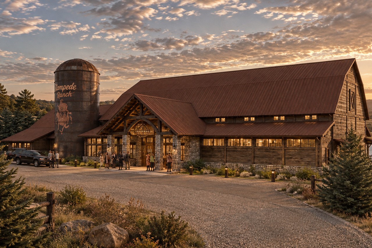 Architectural rendering of the Event Venue exterior with silo and stone base