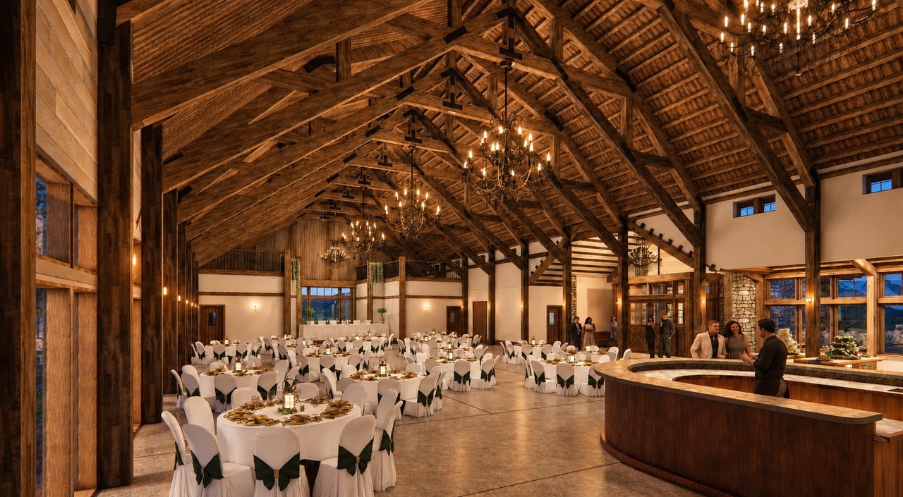 Architectural rendering of the Event Venue set for a seated dinner