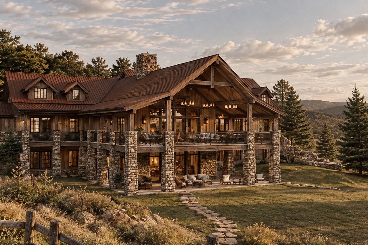 The Lodge exterior at sunset, stone-clad pillars supporting a covered wraparound deck