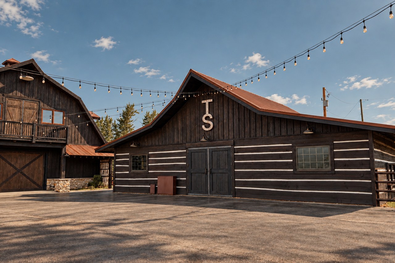 The TS barn and event barn under a clear blue sky, string lights strung between the buildings