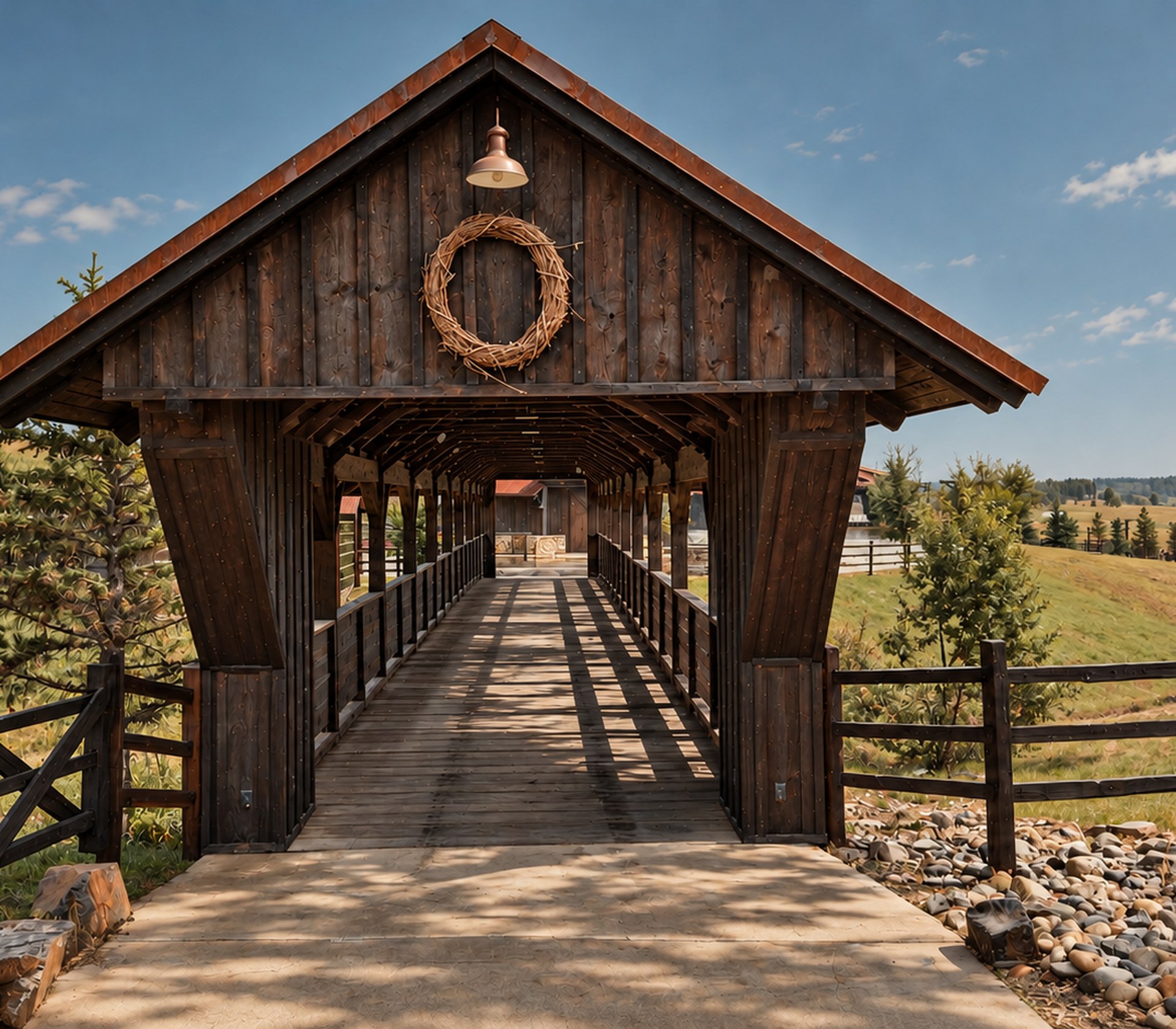 The covered timber walkway entrance, hung with a wreath, framed by fenced pasture