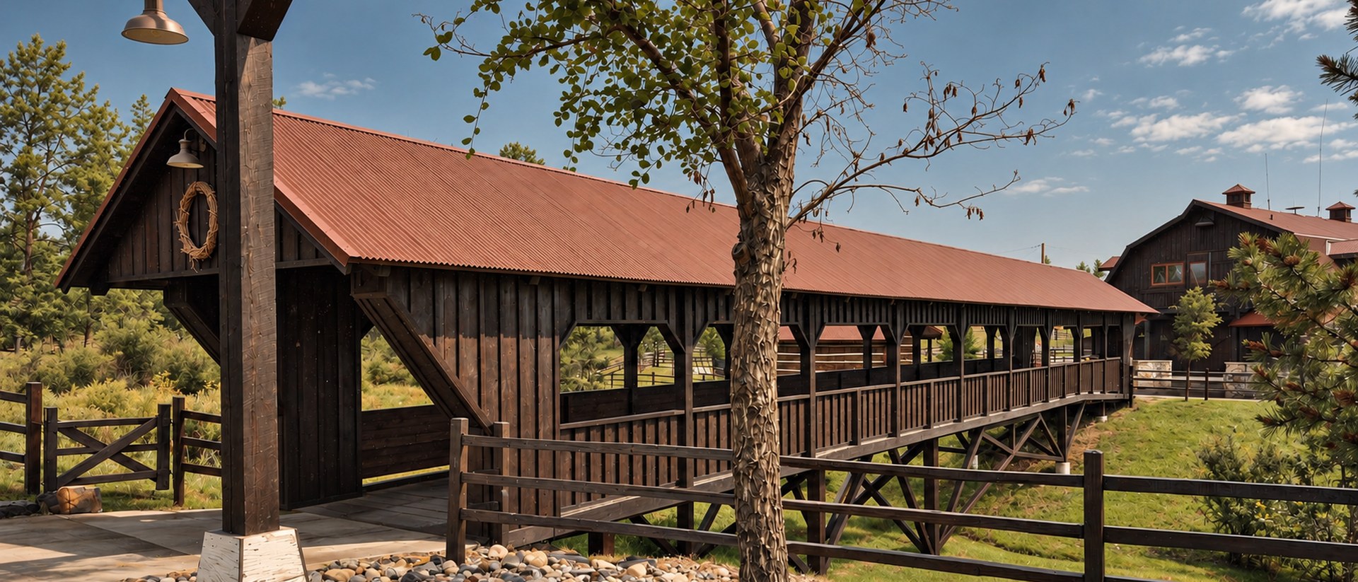 The ranch's covered bridge with a young tree in the foreground, an existing timber building beyond