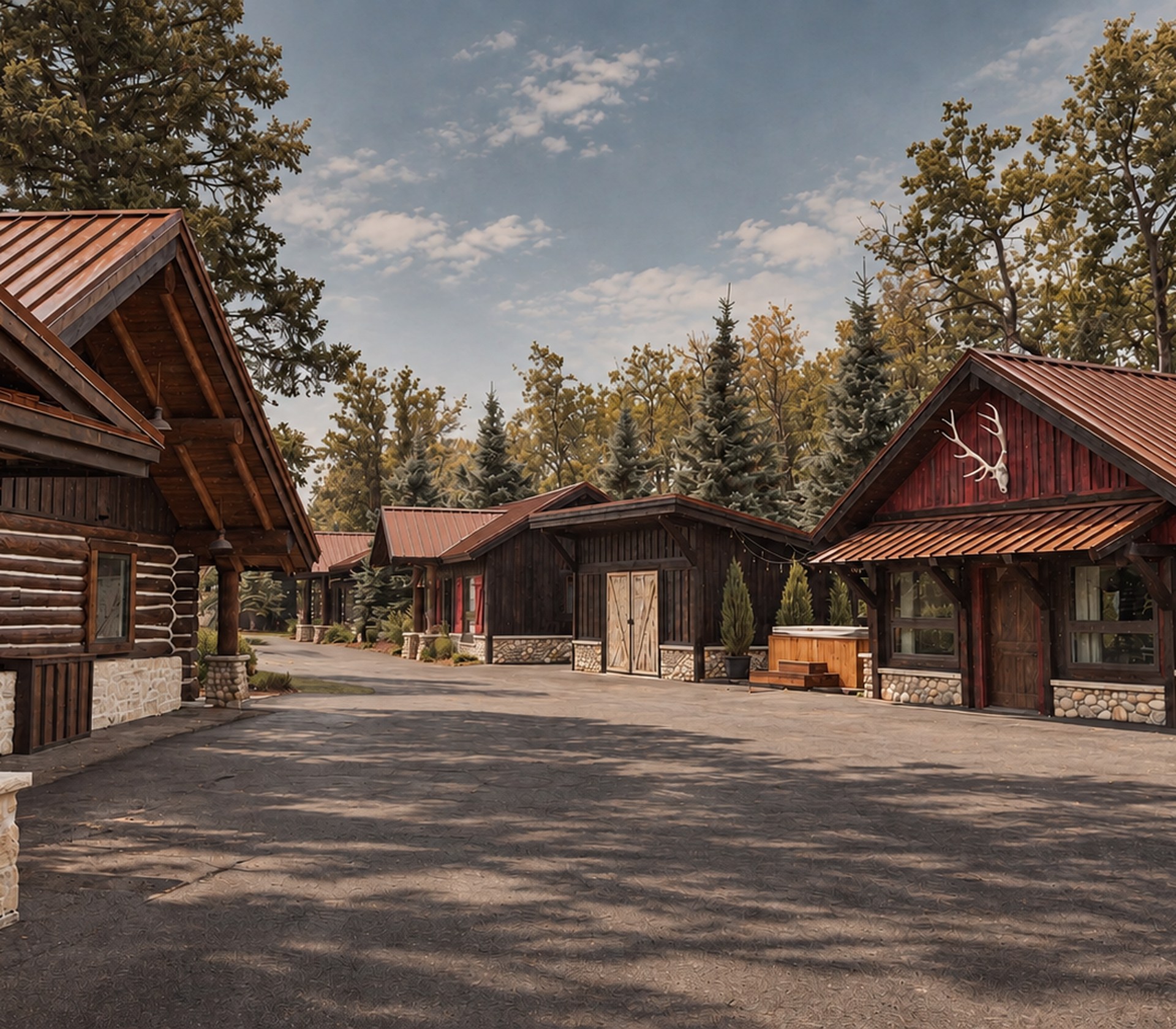 A row of existing timber ranch cabins along a shaded drive, red-doored cabin at right
