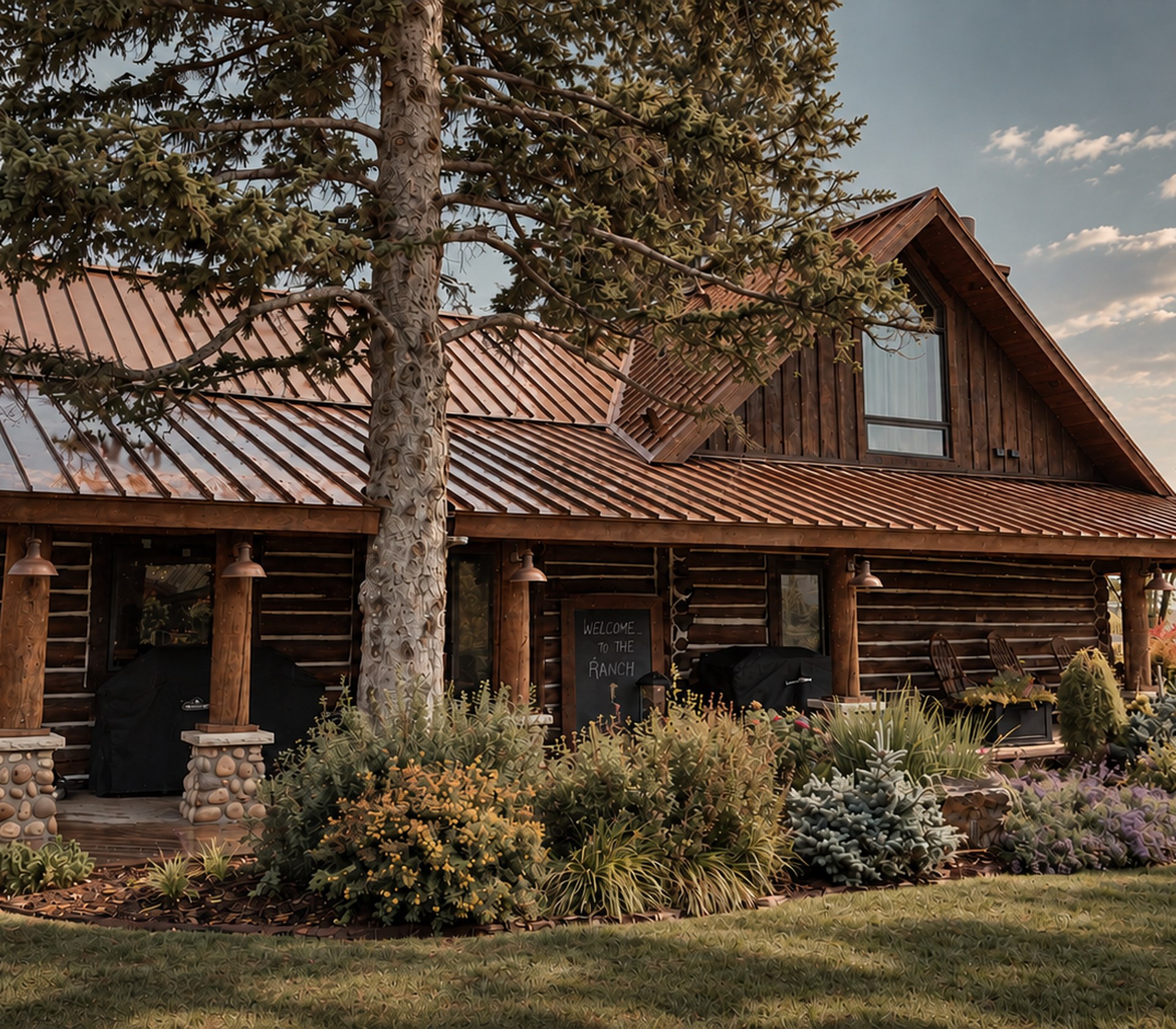 A log ranch building with a covered porch, mature pine, and a hand-lettered welcome sign