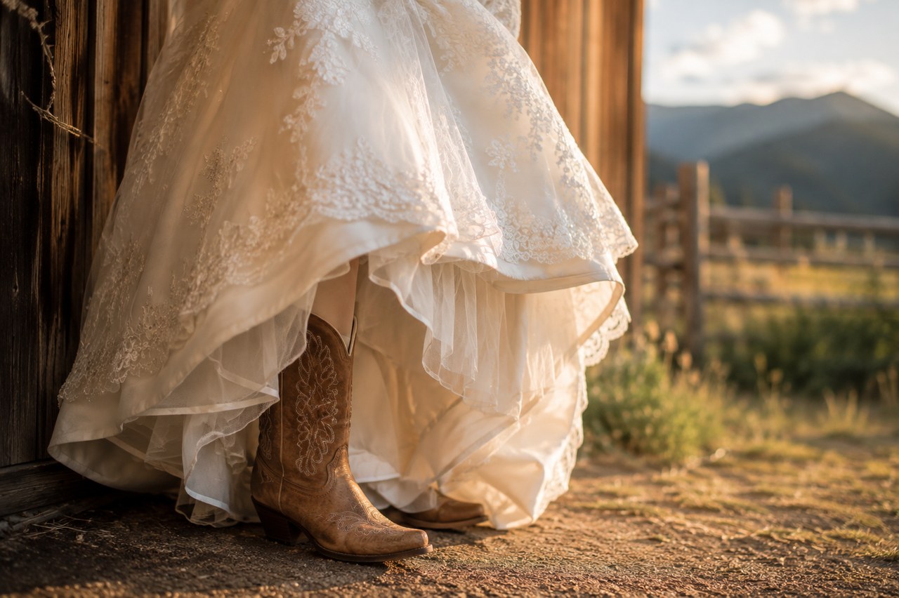 Bride's lace gown lifted to reveal embroidered cowboy boots against a weathered barn wall