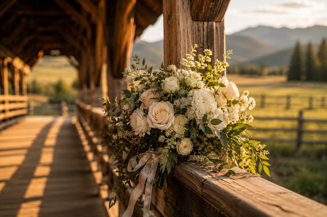 Bridal bouquet of white roses resting on the railing of the ranch's covered bridge