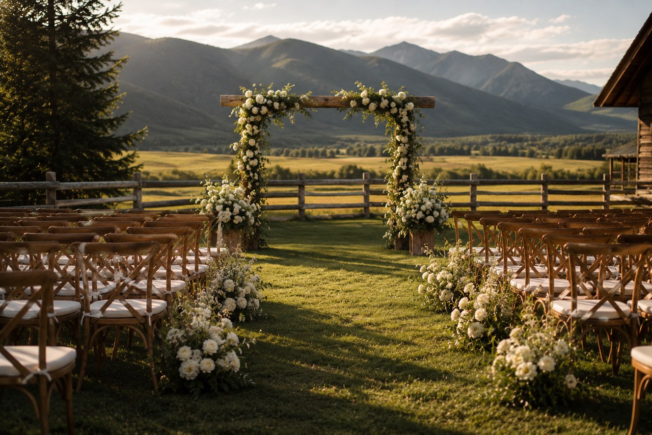 Floral ceremony arch framed by mountains, with rows of empty chairs waiting for guests