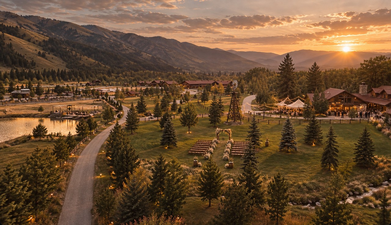 Aerial view of a ranch wedding ceremony set up at sunset, string lights and reception tent beyond