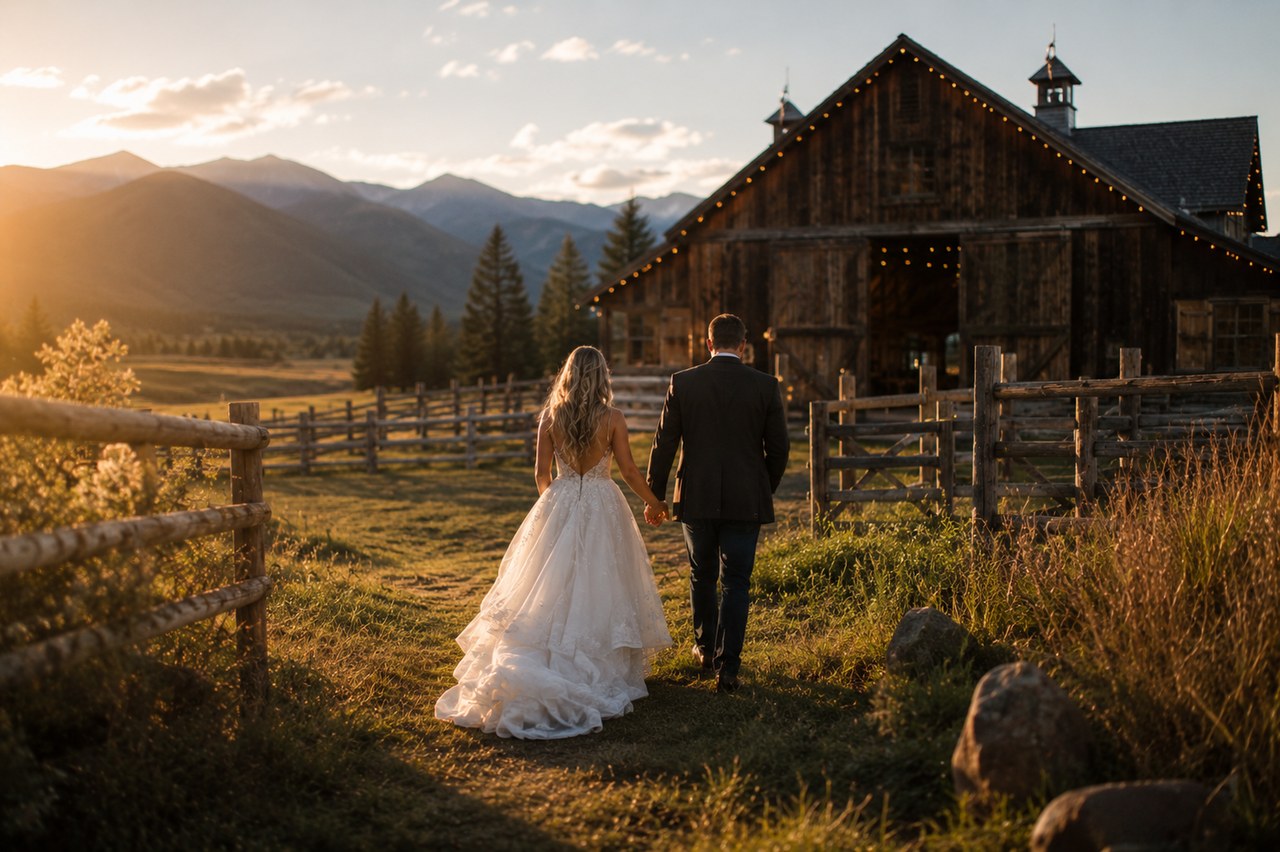 Bride and groom walking hand in hand toward a lit barn at golden hour, mountains behind