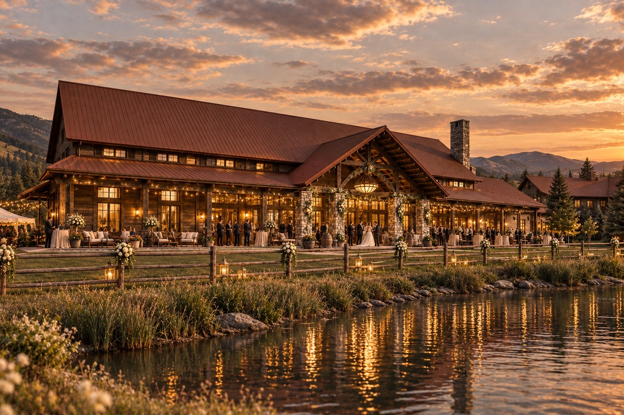 The lodge's pond-side porch lit for an evening wedding, string lights and mountains behind