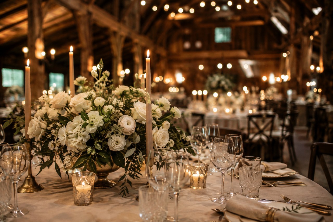 Candlelit reception centerpiece of white roses and greenery with fine glassware, barn reception softly blurred behind