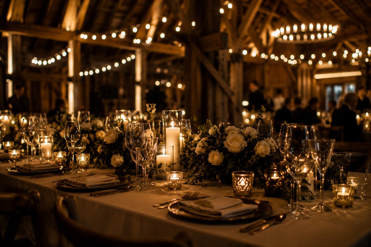 Long candlelit dinner table set for the reception, string lights strung overhead in the barn